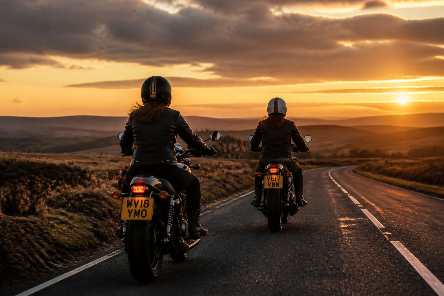 Two women motorcyclists riding into a golden sunset